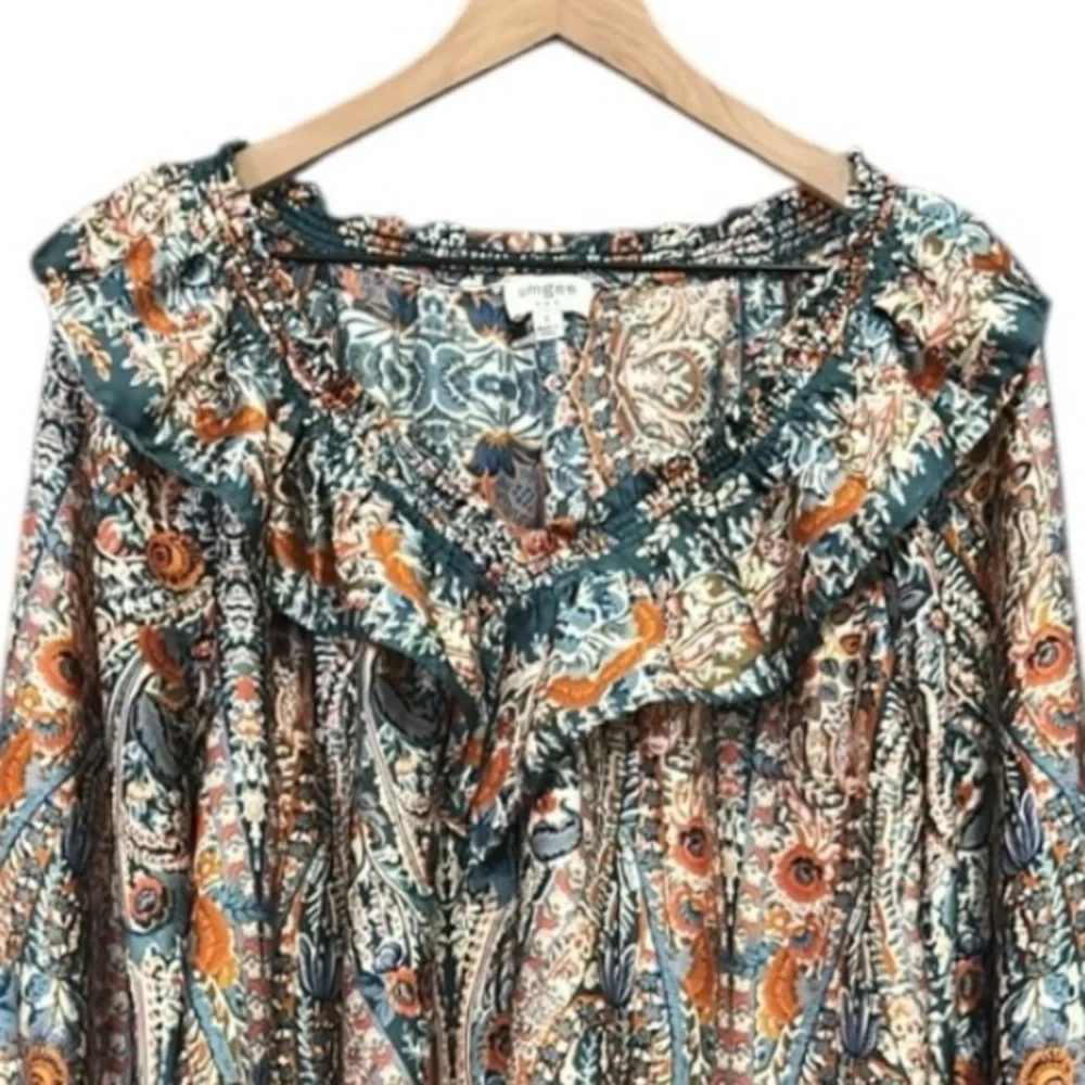 Umgee Boho Green Orange Floral Print Blouse Top V-Neck Long Sleeves Ruffle Small - Picture 5 of 11